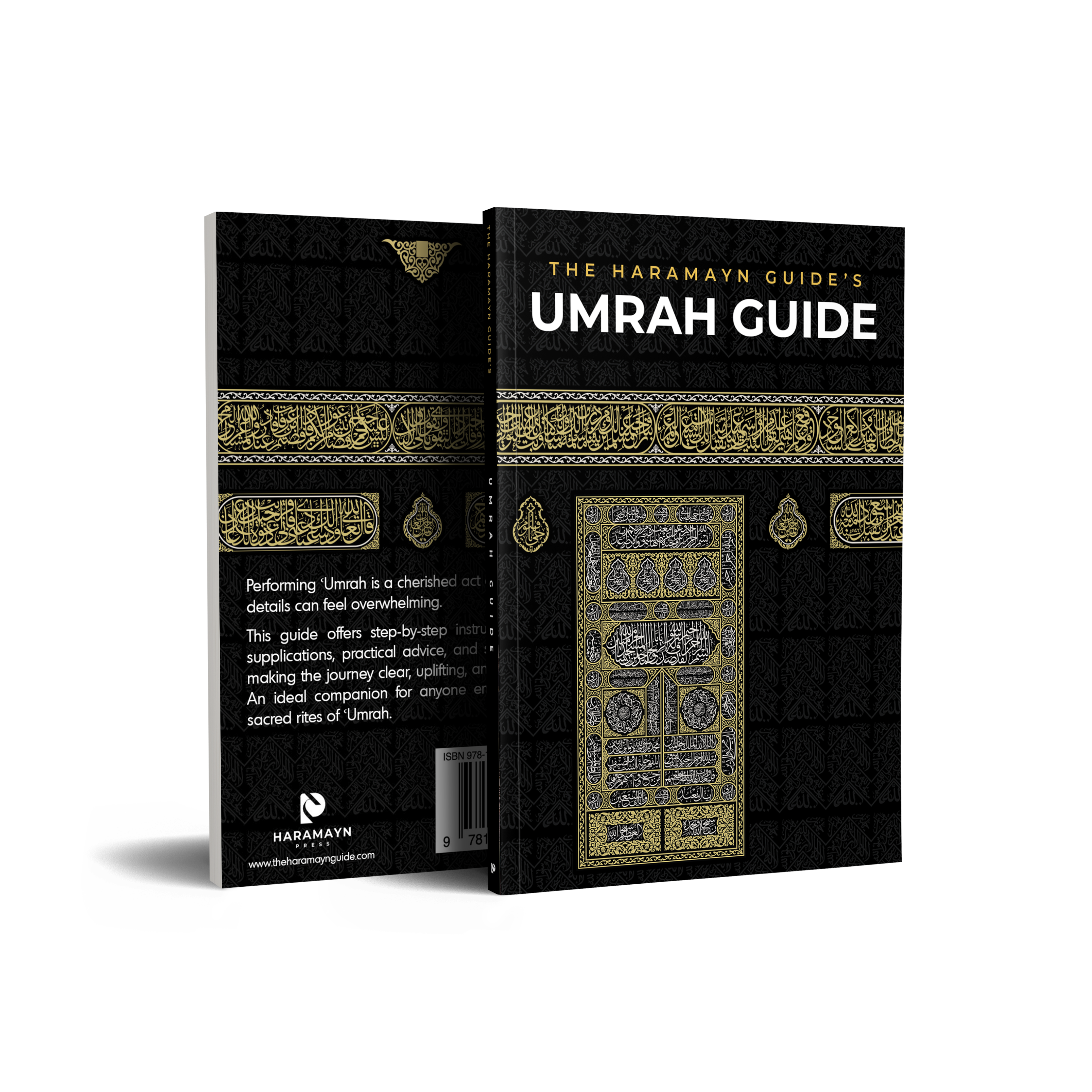 UThe Haramayn Guide's Umrah booklet shown in a clean studio shot, displaying both the front cover and the back cover against a white background.